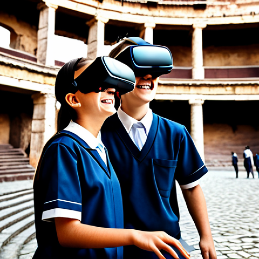 VR Education**
A classroom scene, students wearing VR headsets, fully clothed in school uniforms, exploring a virtual ancient Roman Colosseum. The teacher is assisting a student. Bright, cheerful atmosphere. Safe for work, appropriate content, family-friendly, perfect anatomy, natural proportions, professional illustration, high quality.
**