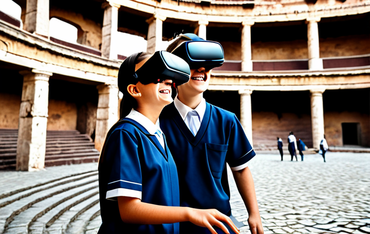 VR Education**

A classroom scene, students wearing VR headsets, fully clothed in school uniforms, exploring a virtual ancient Roman Colosseum. The teacher is assisting a student. Bright, cheerful atmosphere. Safe for work, appropriate content, family-friendly, perfect anatomy, natural proportions, professional illustration, high quality.

**