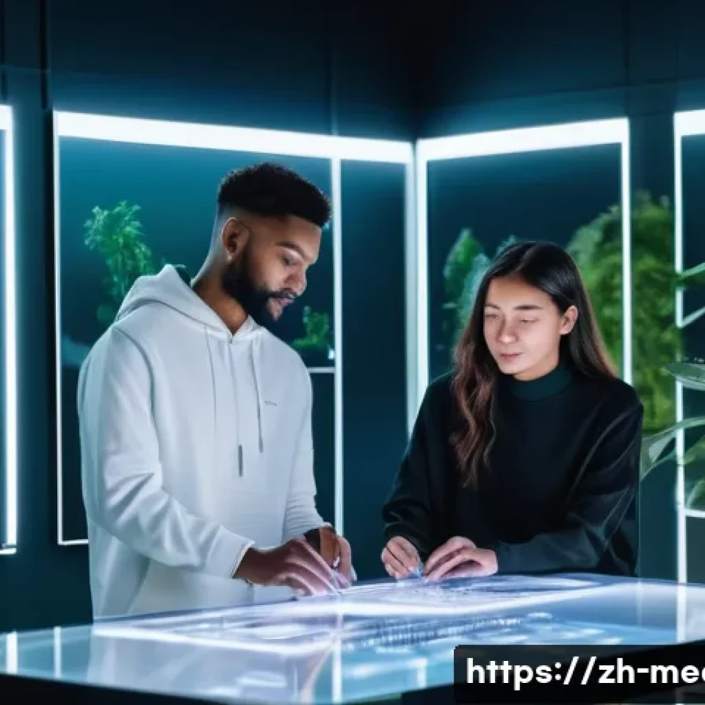 디지털 미디어 기업 분석 - **AI-Powered Creative Hub:**
"A vibrant, high-tech creative studio bathed in soft, futuristic li...