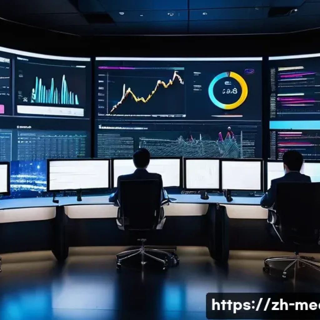 미디어 영향력 분석 - A vibrant digital media control room showcasing multiple large screens displaying social media analy...