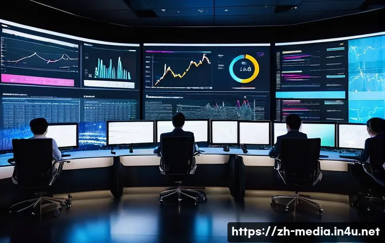 미디어 영향력 분석 - A vibrant digital media control room showcasing multiple large screens displaying social media analy...