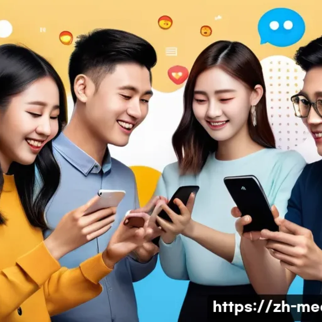 미디어와 사회적 상호작용 - A vibrant digital social media scene showcasing diverse young Chinese adults interacting through sma...