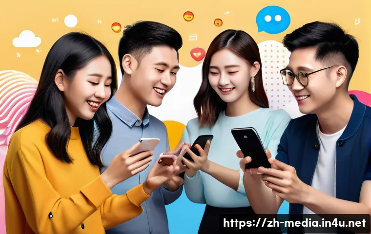 미디어와 사회적 상호작용 - A vibrant digital social media scene showcasing diverse young Chinese adults interacting through sma...