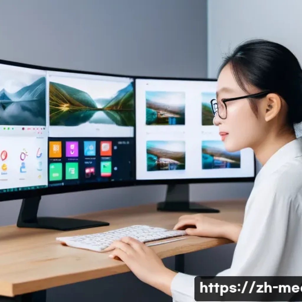 미디어 콘텐츠 유통 - A vibrant digital content creator’s workspace showcasing multi-platform content distribution: a mode...