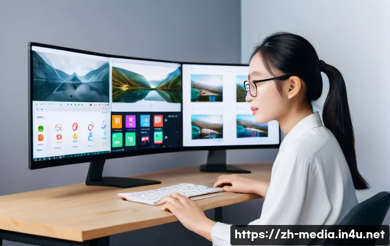 미디어 콘텐츠 유통 - A vibrant digital content creator’s workspace showcasing multi-platform content distribution: a mode...