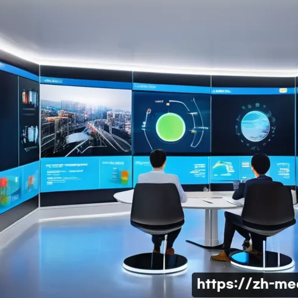 미디어 기업 분석 - A dynamic digital media newsroom environment featuring diverse content formats: multiple large scree...