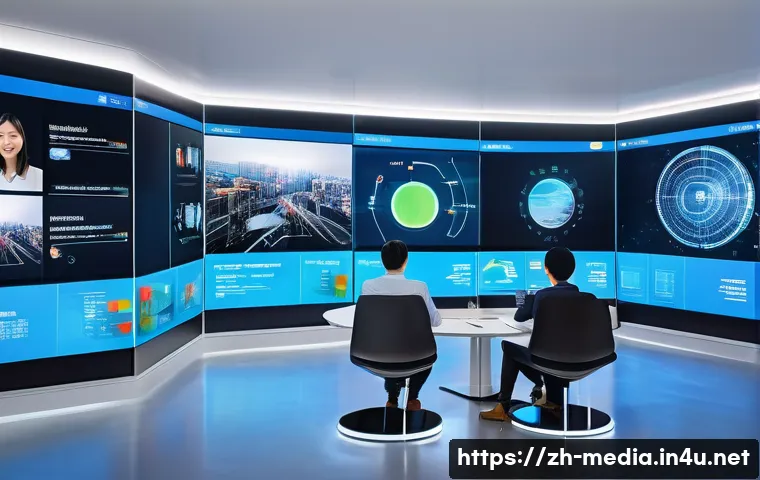 미디어 기업 분석 - A dynamic digital media newsroom environment featuring diverse content formats: multiple large scree...