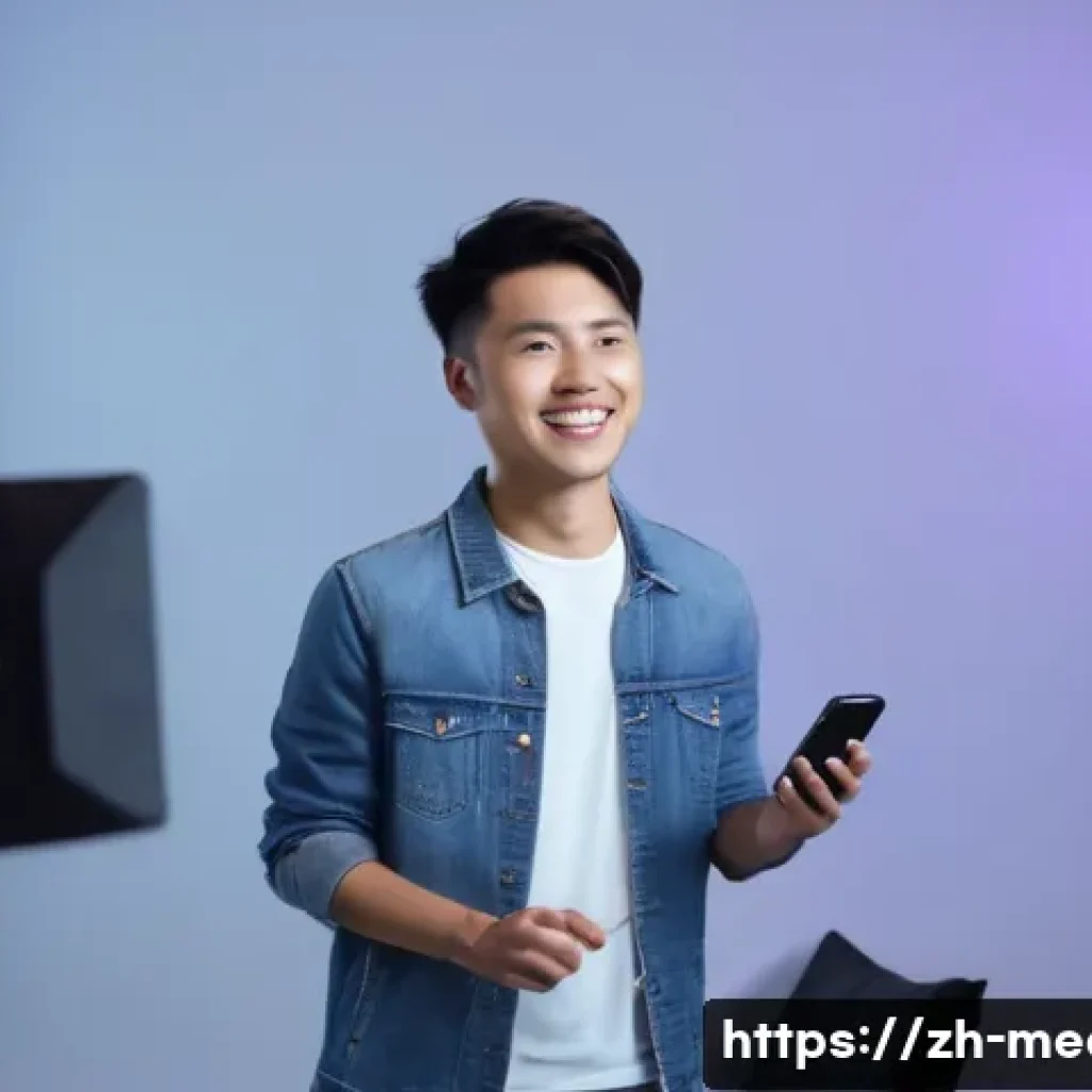미디어학 관련 직업 - A modern short video content creator studio scene featuring a young Chinese adult wearing casual tre...