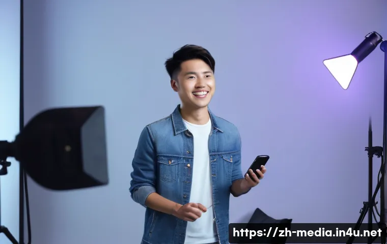 미디어학 관련 직업 - A modern short video content creator studio scene featuring a young Chinese adult wearing casual tre...