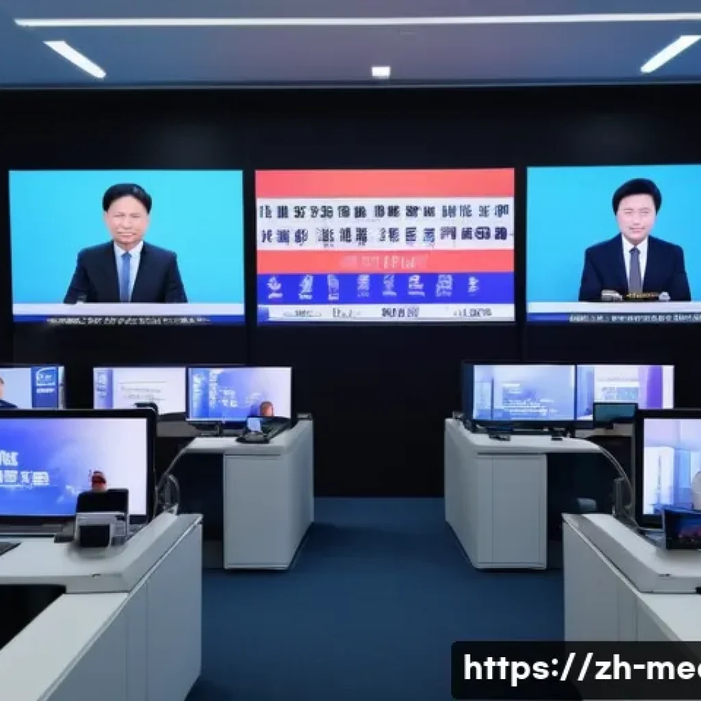 미디어 정치 경제학 - A modern newsroom scene showing a diverse group of journalists working intensely on computers and di...