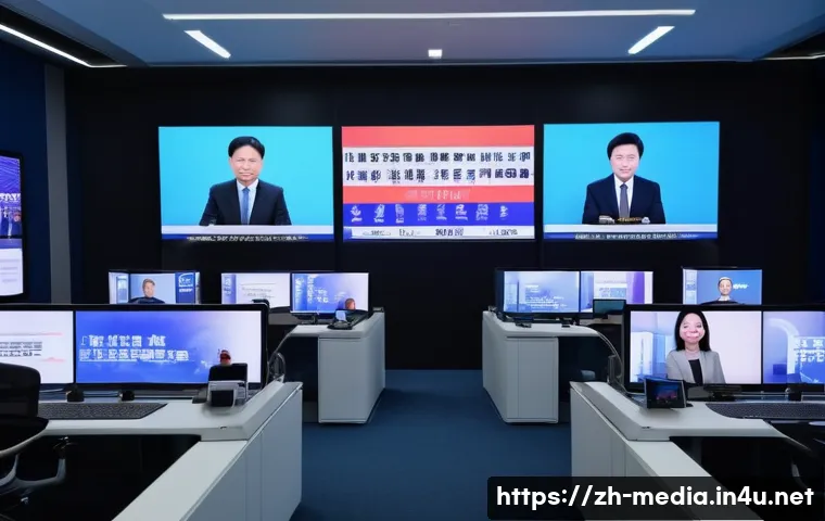 미디어 정치 경제학 - A modern newsroom scene showing a diverse group of journalists working intensely on computers and di...