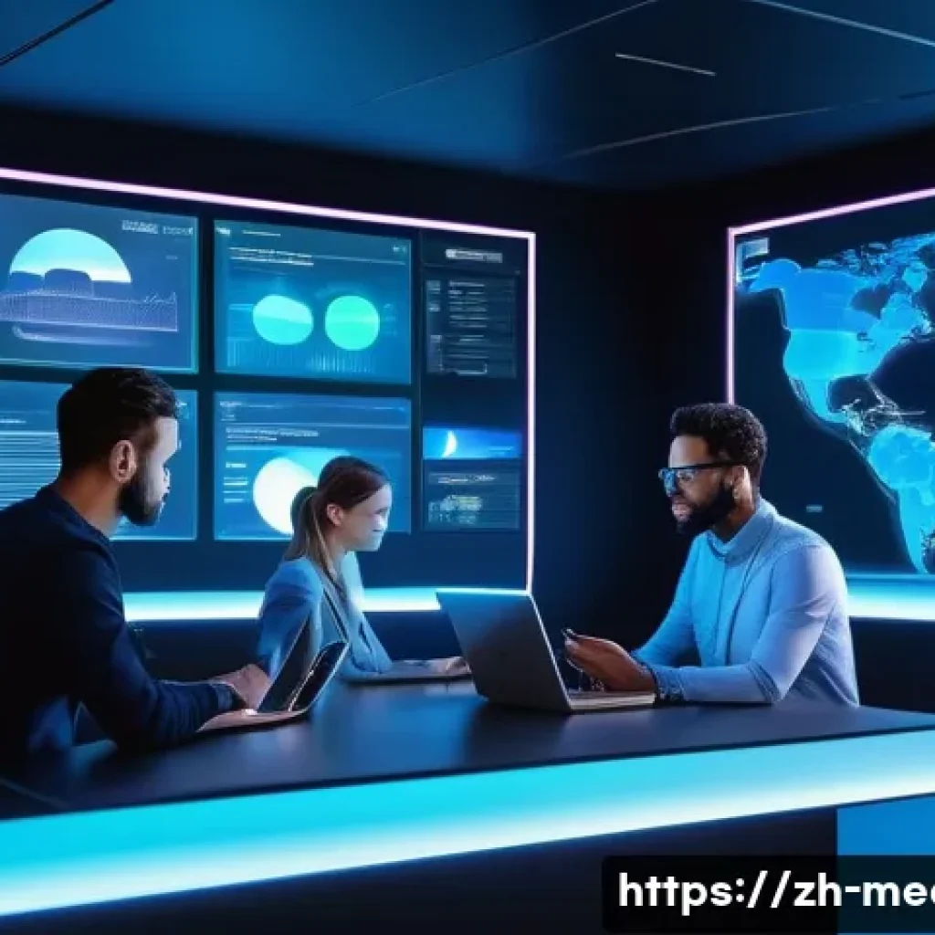 미디어의 미래 - A futuristic digital media workspace showing a diverse group of content creators collaborating acros...