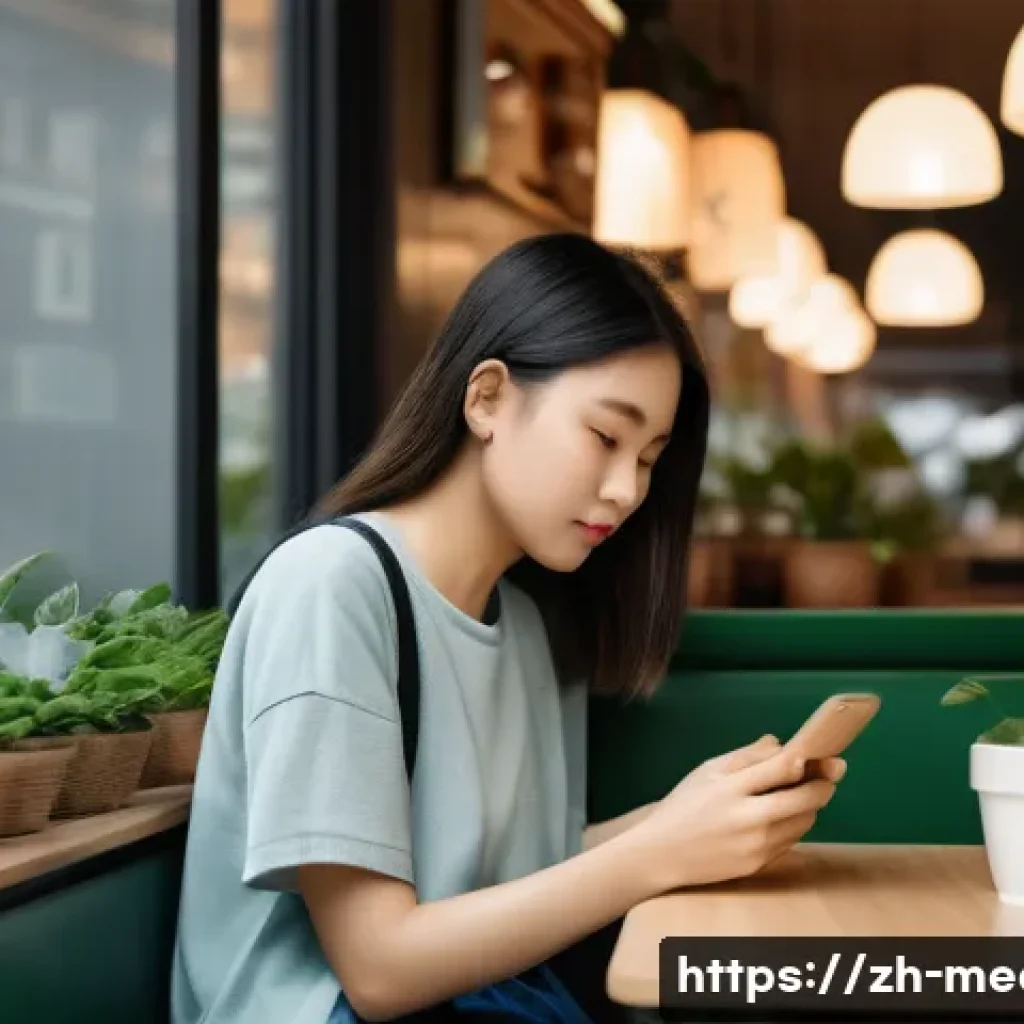 미디어의 심리학적 측면 - A modern Chinese young adult woman thoughtfully scrolling through a WeChat feed on her smartphone, s...