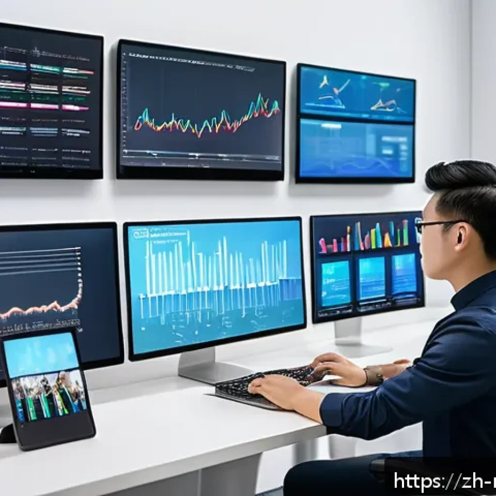 미디어학 진로 - A modern digital media professional working in a bright, sleek office filled with multiple screens d...