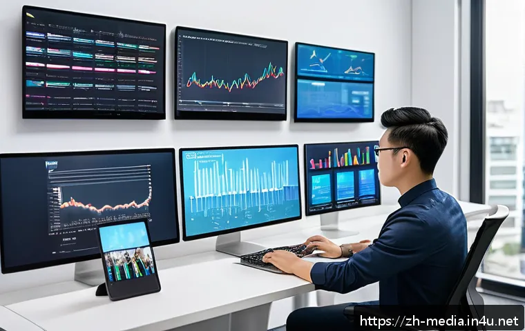 미디어학 진로 - A modern digital media professional working in a bright, sleek office filled with multiple screens d...