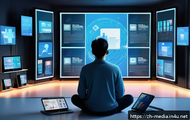 미디어와 사회 - A modern digital illustration depicting a young adult surrounded by multiple floating social media s...