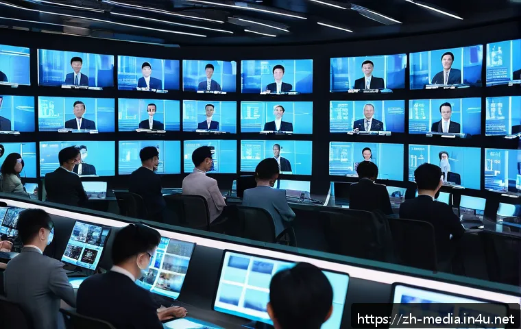 미디어와 사회적 책임 - A modern digital newsroom scene showing diverse journalists at work in a high-tech environment, mult...
