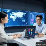 미디어 데이터 분석 - A modern office scene showing a diverse team of Chinese professionals analyzing real-time data on mu...