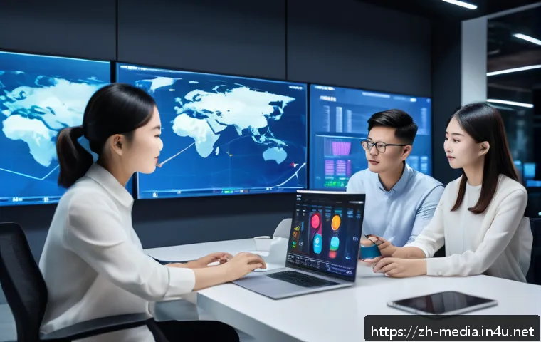 미디어 데이터 분석 - A modern office scene showing a diverse team of Chinese professionals analyzing real-time data on mu...
