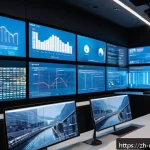 미디어 기업의 시장 전략 - A modern digital media control room with multiple large transparent screens displaying personalized ...