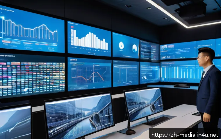 미디어 기업의 시장 전략 - A modern digital media control room with multiple large transparent screens displaying personalized ...