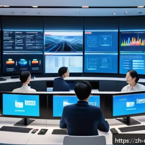 미디어학 박사과정 - A modern digital media control room bustling with activity, featuring multiple large screens display...