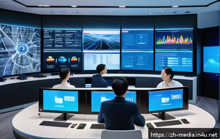 미디어학 박사과정 - A modern digital media control room bustling with activity, featuring multiple large screens display...