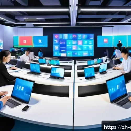 미디어 시장의 경쟁 분석 - A modern digital newsroom bustling with activity, featuring diverse media professionals using multip...