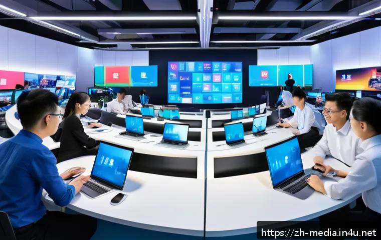 미디어 시장의 경쟁 분석 - A modern digital newsroom bustling with activity, featuring diverse media professionals using multip...