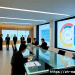 미디어의 기업 전략 - Photorealistic executive strategy meeting inside a sleek global media company headquarters, diverse ...