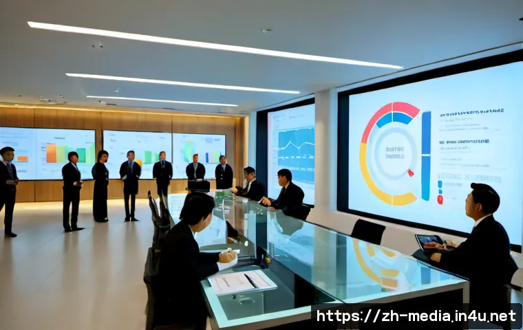미디어의 기업 전략 - Photorealistic executive strategy meeting inside a sleek global media company headquarters, diverse ...