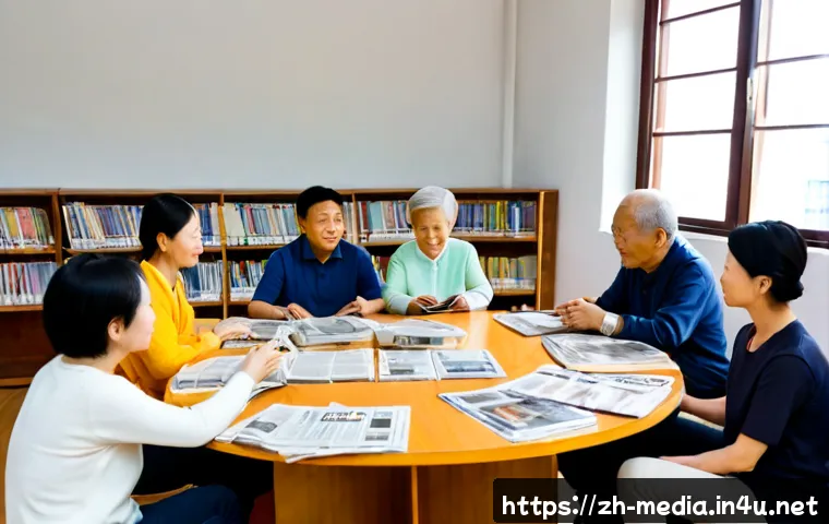 미디어와 민주주의 이론 - Photorealistic civic discussion in a bright community library, diverse adult citizens seated around ...