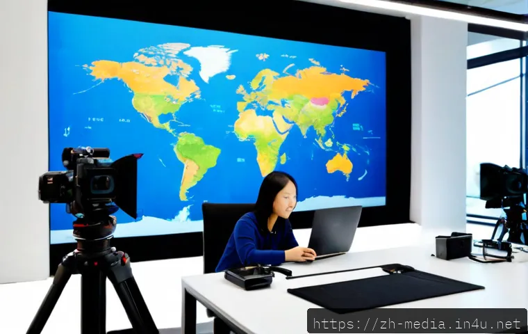 미디어 산업의 국제화 - Photorealistic global media production newsroom, diverse international team of editors and video pro...